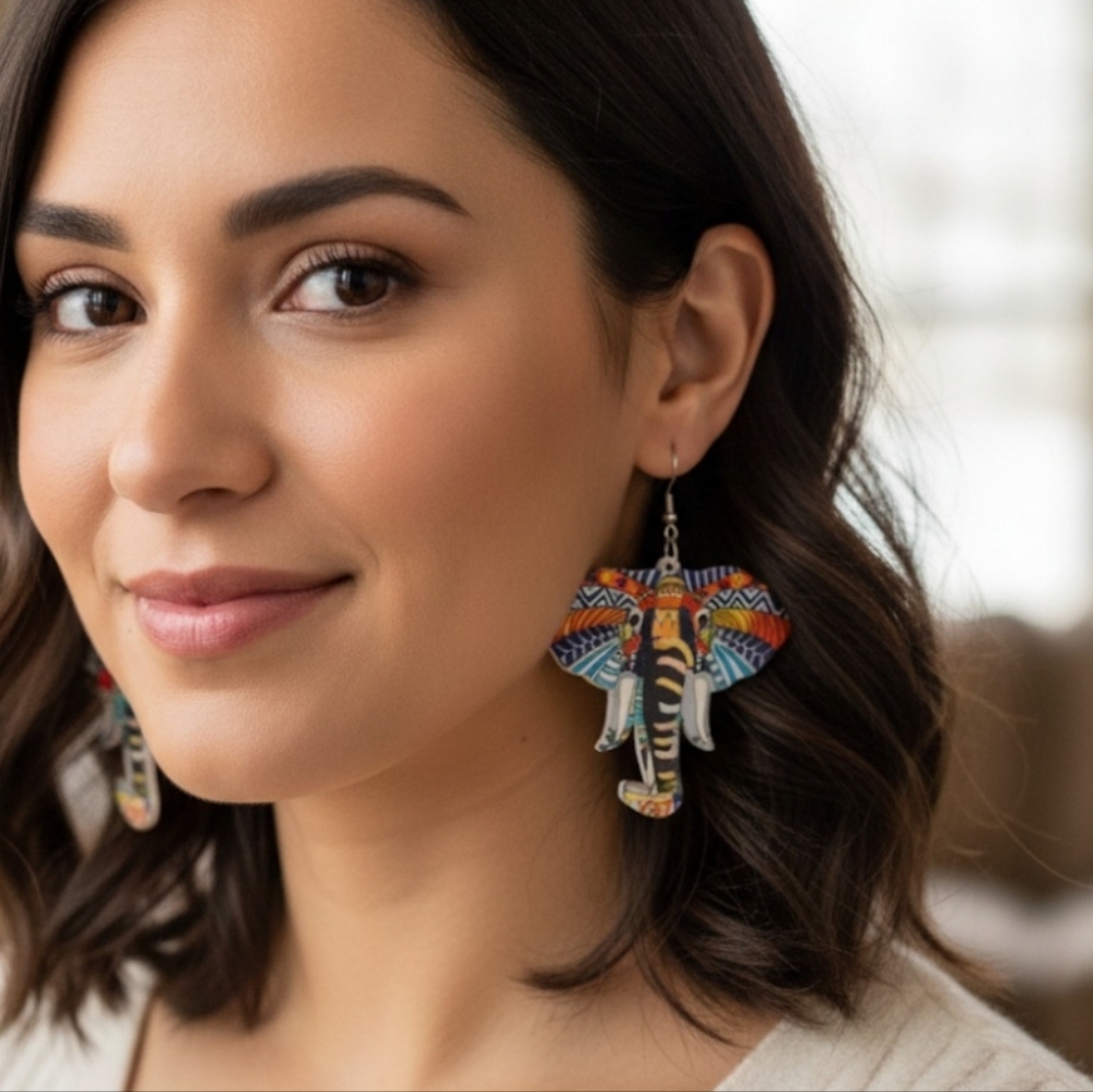 Elephant earrings, wooden elephant earrings, dangle earrings. 2.5 Inches - Picture 1 of 10